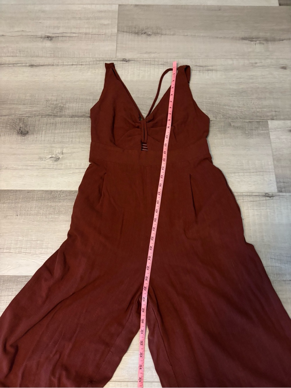 ANRABESS Rust Red Linen Blend Wide Leg Jumpsuit Deep V Smocked Back L - Picture 8 of 13